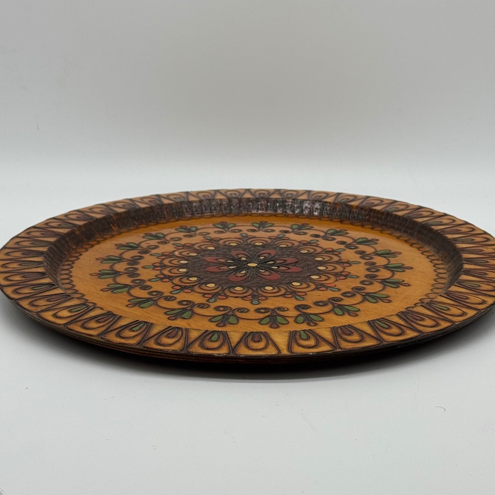 Vintage Polish Folk Art Carved Wood Plate Painted Pyrography Wall Decor 12" Hook - Picture 7 of 9